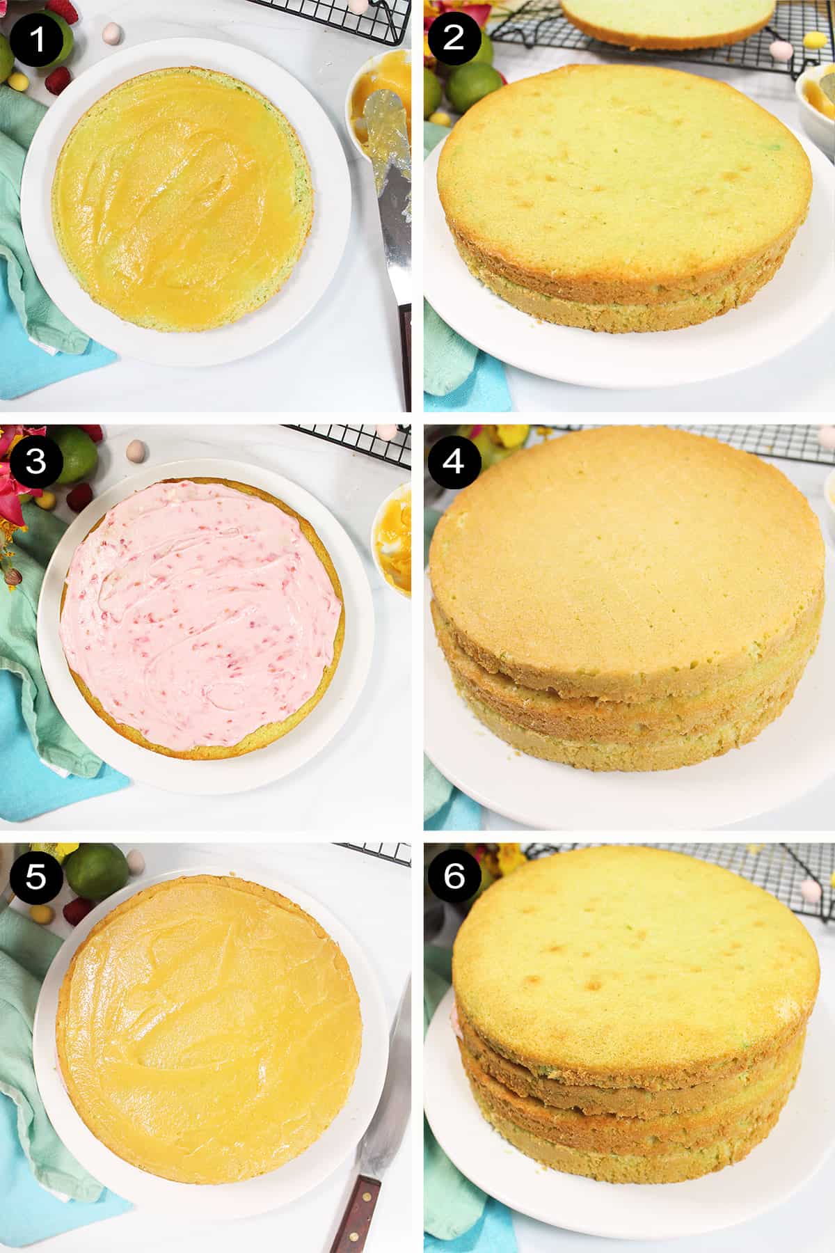 Steps to assemble key lime layer cake.