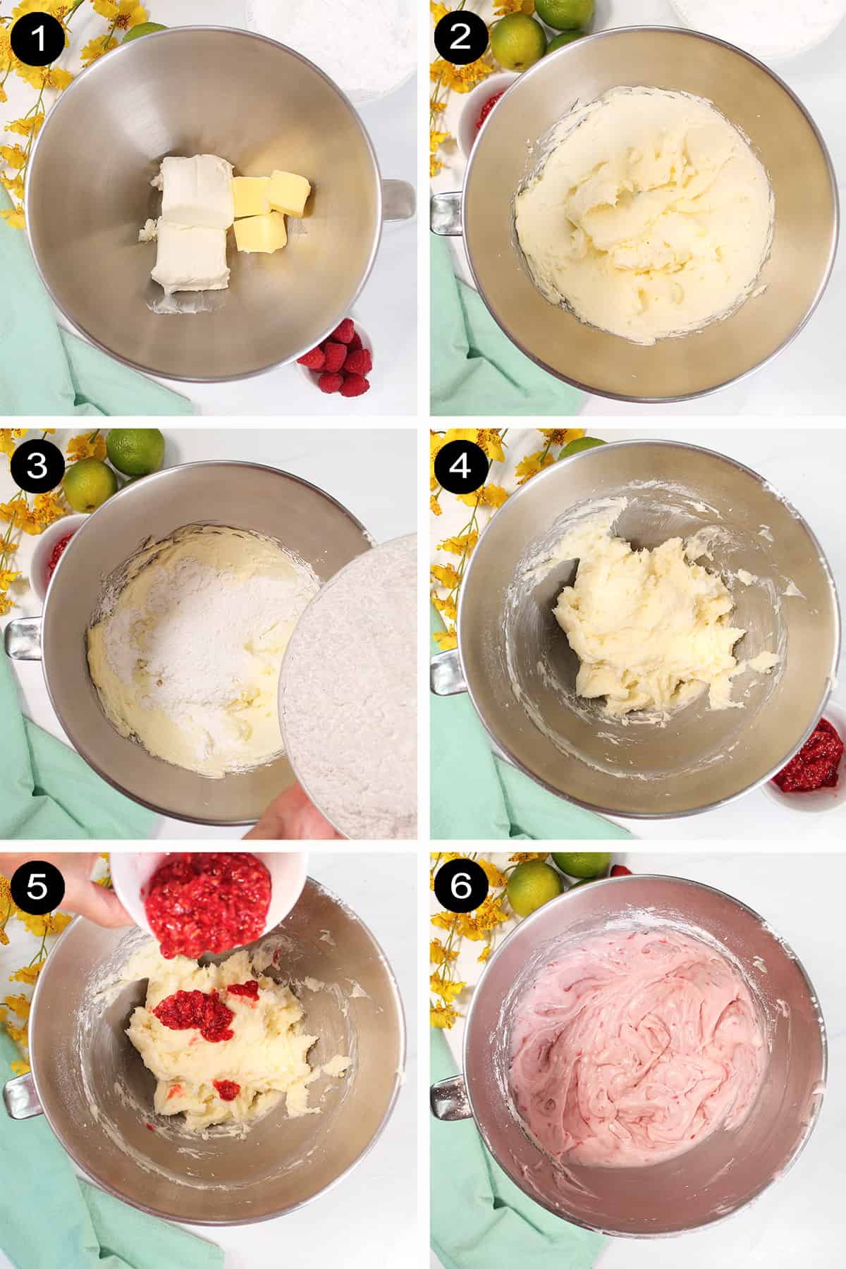 Steps to make raspberry cream cheese frosting.