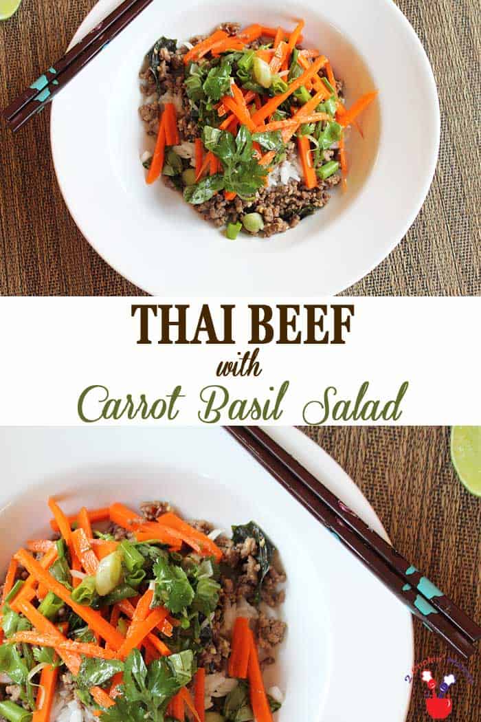 Thai Beef with Carrot Basil Salad | 2 Cookin Mamas Stir up a taste of Asia with this delicious Thai Beef with Carrot Basil Salad. Saute ground beef & top with fresh vegetables for an easy & healthy meal. #dinner #thaicuisine #thaibeef #beef #recipe