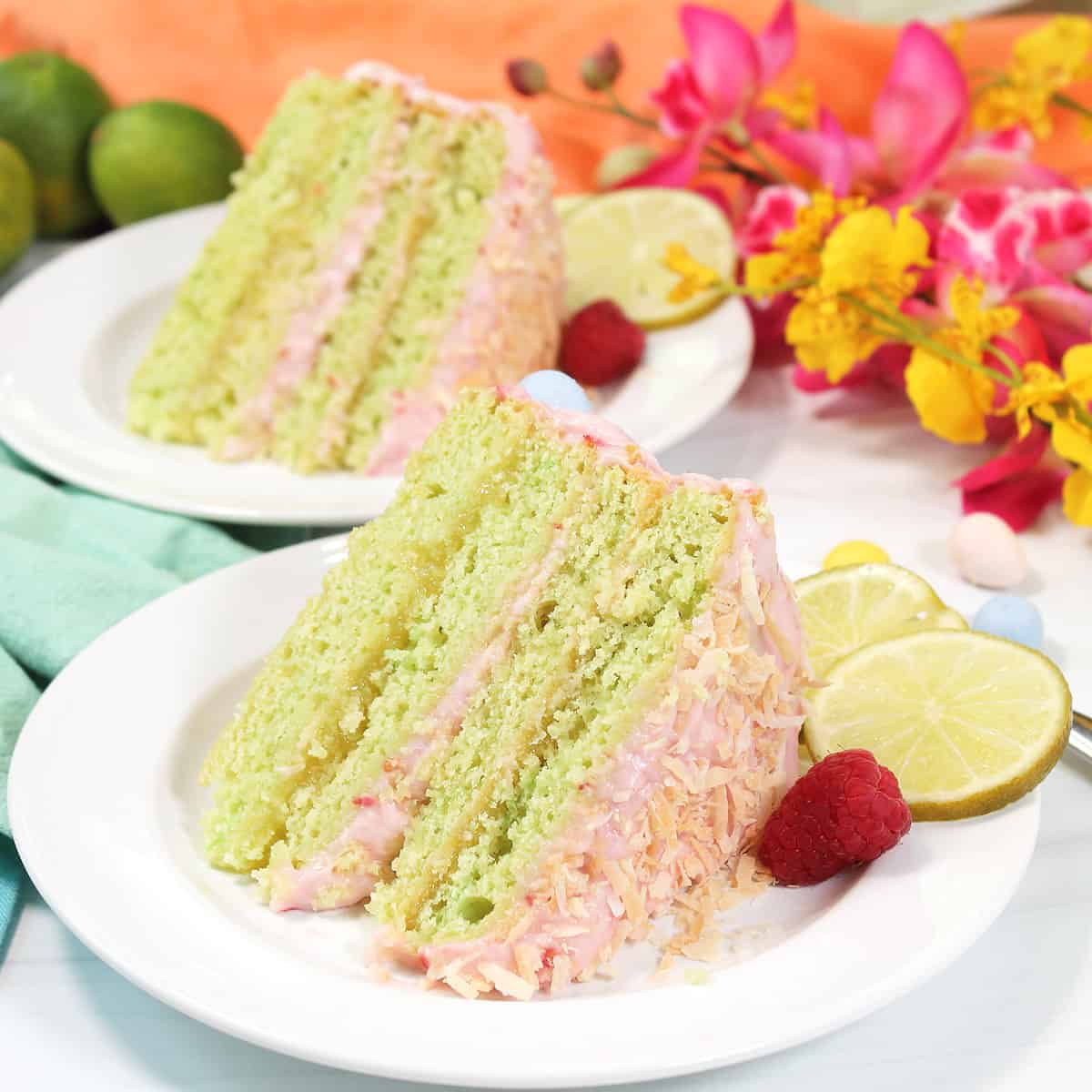 Two slices of green lime cake.