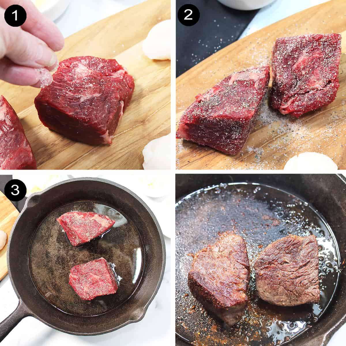 Collage of steps to make pan seared filet mignon.