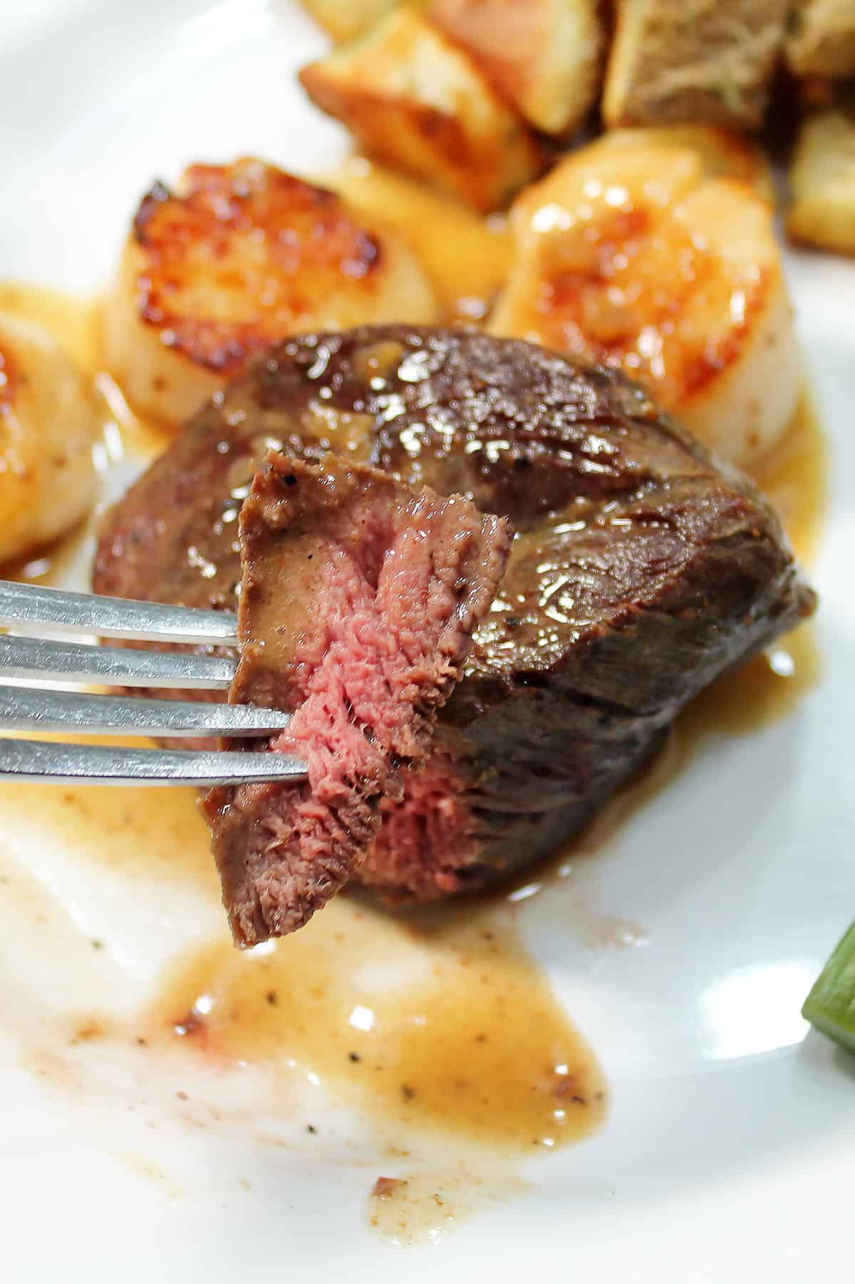 Holding bite of filet mignon on fork over plate of steak and scallops.