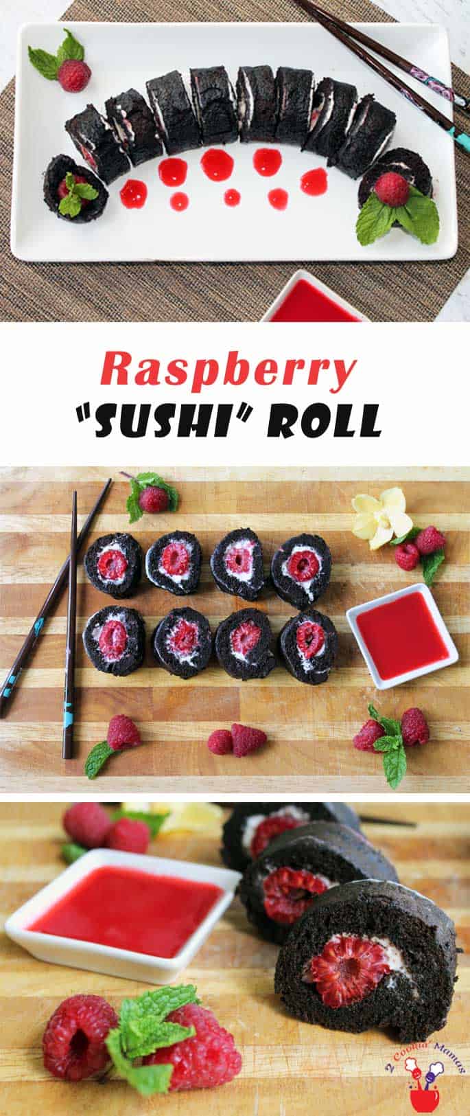 A dessert that looks like a sushi roll! A light as air chocolate cake rolled around a creamy cheesecake filling and stuffed with delicious raspberries. Raspberry Sushi Roll - Yum!