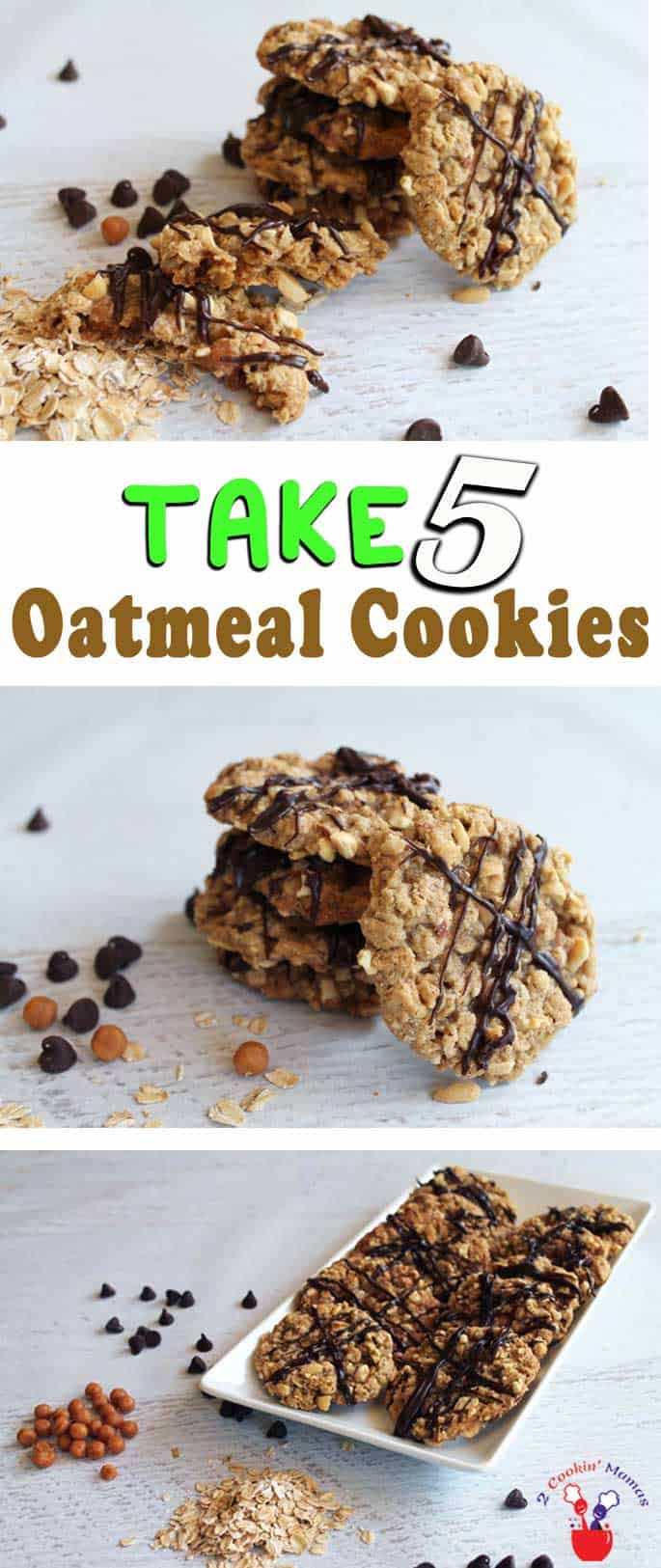 Take 5 Oatmeal Cookies | 2 Cookin Mamas Whip up a batch of sweet & salty oatmeal cookies reminiscent of Take 5 candy bars. Lots of gooey caramel nestled inside oatmeal cookies coated with peanuts.