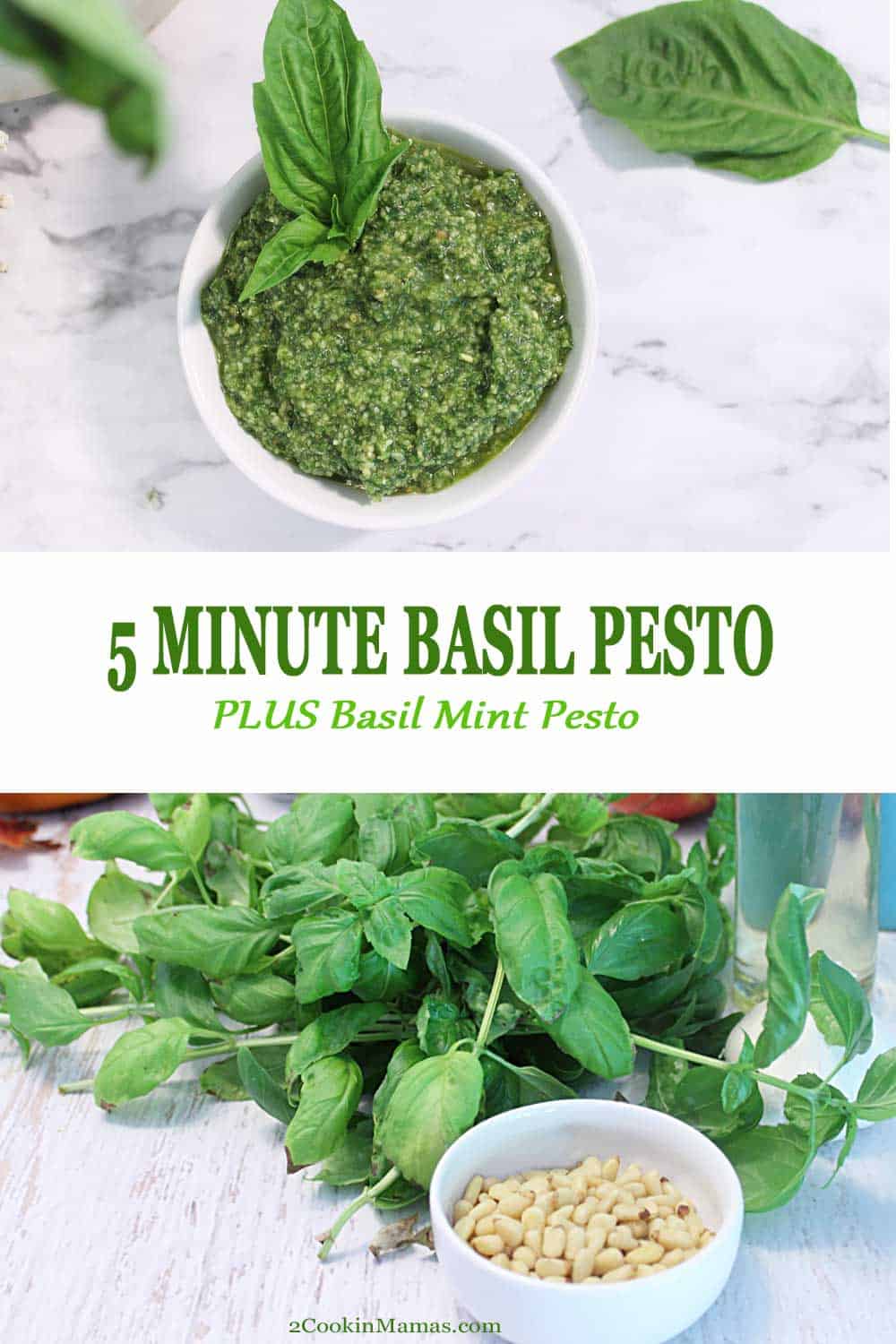 5 Minute Basil Pesto | 2 Cookin Mamas When there's plenty of basil, make a delicious basil pesto or change it up with a bit of mint for a Basil Mint Pesto. Perfect for using on pizza, pasta, in lieu of mayo on sandwiches and salads or take your corn on the cob up a notch. #pesto #basil #mint #pinenuts #recipe #homemade #healthy 