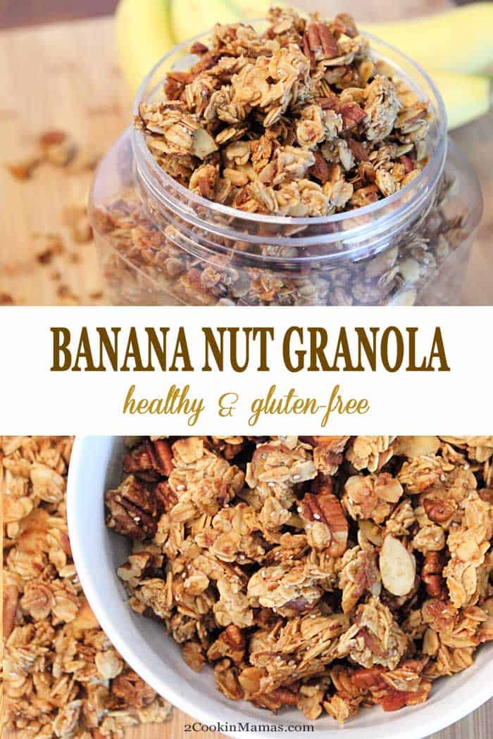 Banana Nut Granola | 2 Cookin Mamas Make your own healthy granola, it's so easy! Homemade Banana Nut Granola combines rolled oats with bananas, nuts, chia seeds & cinnamon and sweetened with palm sugar and honey for a delicious snack. It's even great for breakfast as a topping for yogurt or sprinkle on some ice cream for a yummy dessert. #granola #healthysnack #bananas #nuts #chiaseeds #breakfast #dessert #recipe #homemade