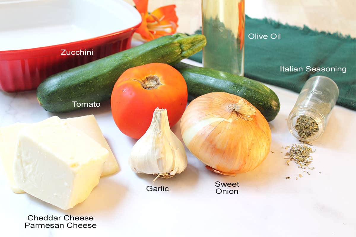 Photo of ingredients on white table with labels.