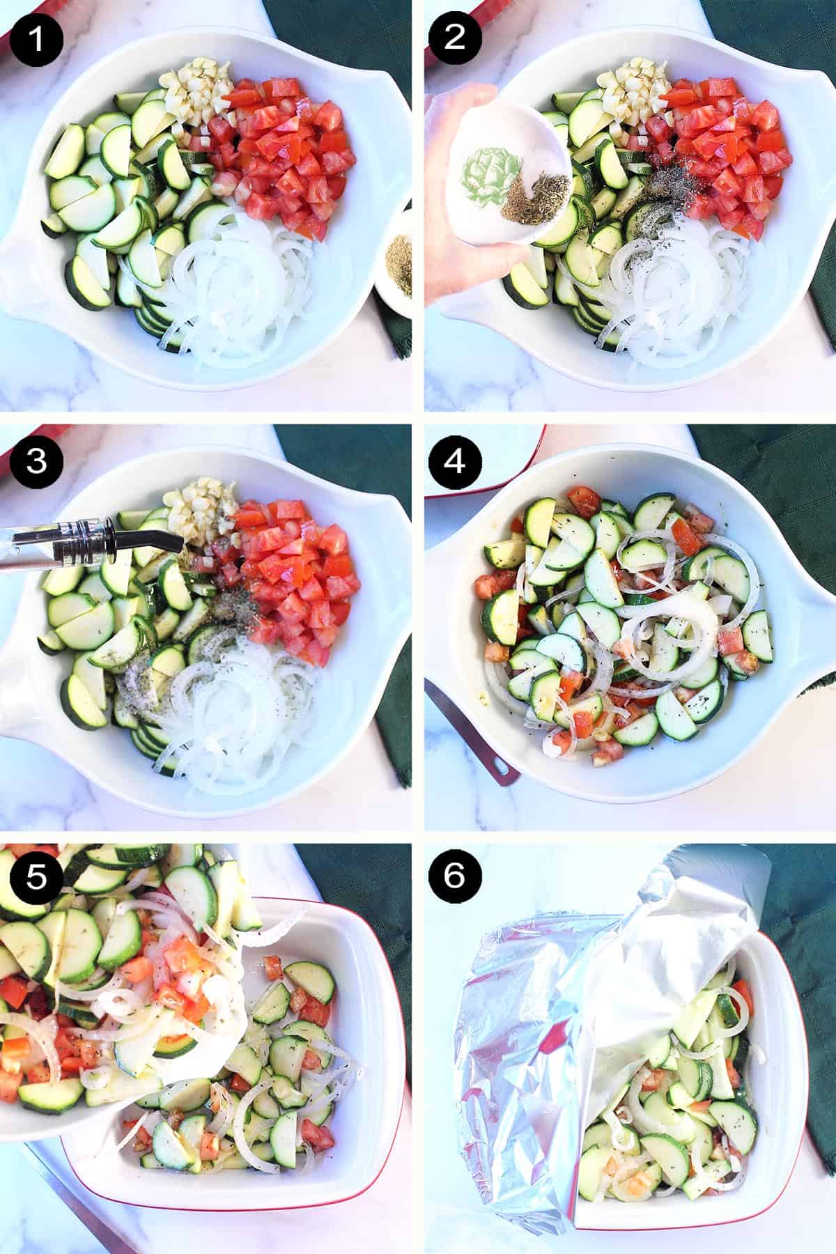 Showing easy prep steps 1-6 for zucchini casserole.