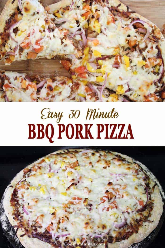 BBQ Pulled Pork Pizza | 2 Cookin Mamas This BBQ Pulled Pork Pizza is deliciously easy to throw together. Just pulled pork, BBQ sauce, tomatoes and cheese. Perfect for a quick lunch or dinner! #pizza #bbqpork #pork #dinner