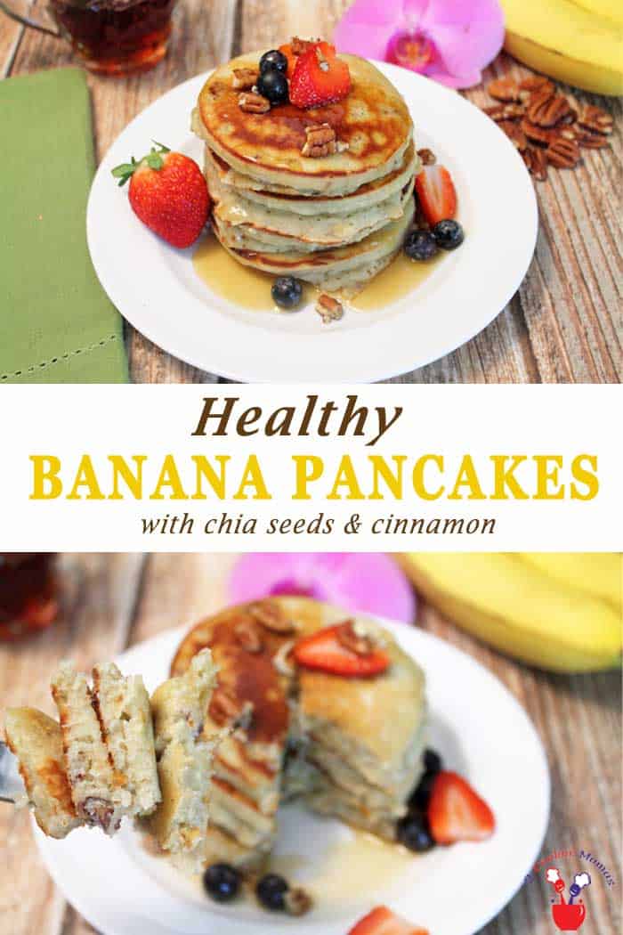 Delicious, healthy banana pancakes that won't weigh you down. They're easy to make and full of protein, fiber and potassium to start your day off right. #recipe #breakfast #healthy #pancakes