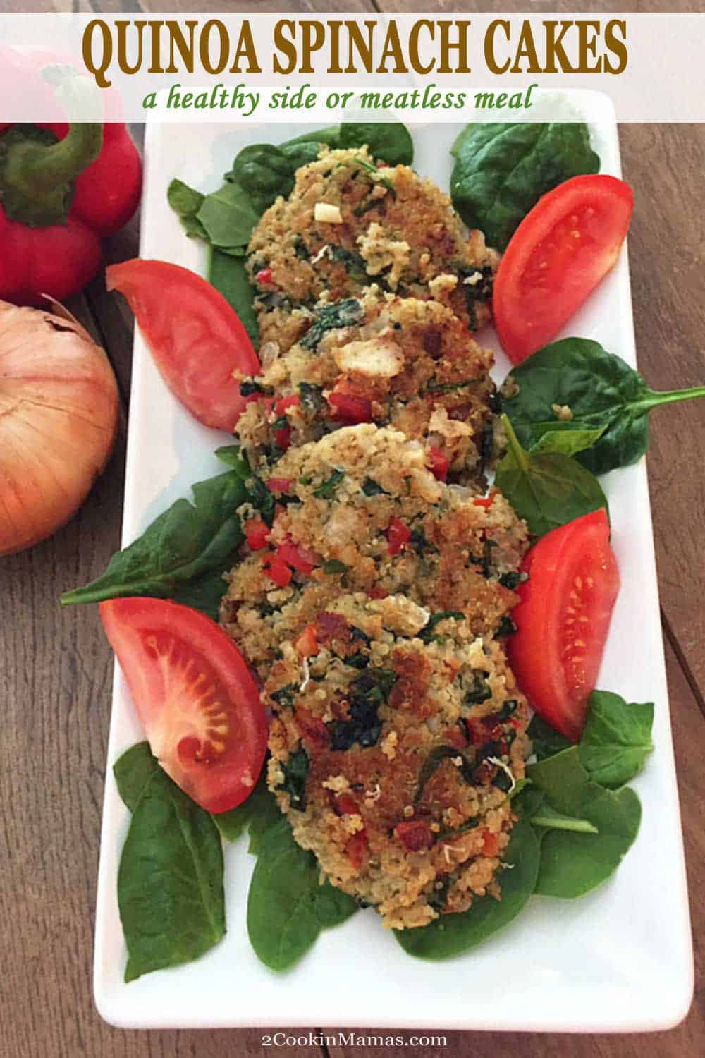 Quinoa Spinach Cakes | 2 Cookin Mamas Quinoa Spinach Cakes are quick & easy, perfect for busy weeknights. Combine protein-rich quinoa with spinach & spices for a healthy side or a hearty meatless meal. #meatlessmeal #quinoa #spinach #sidedish #30minutemeal #recipe 