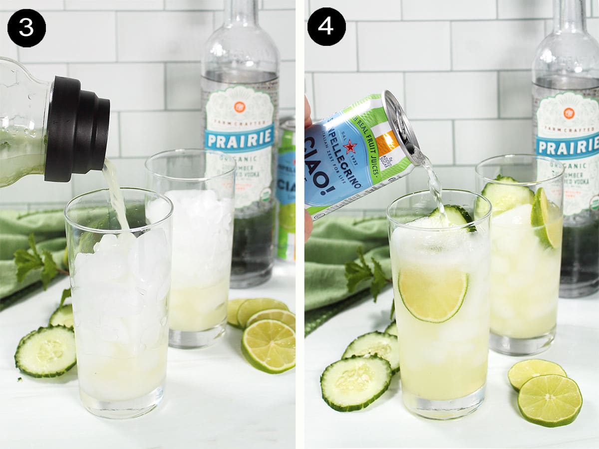 Finishing steps for Cucumber Mojito adding sparkling water.