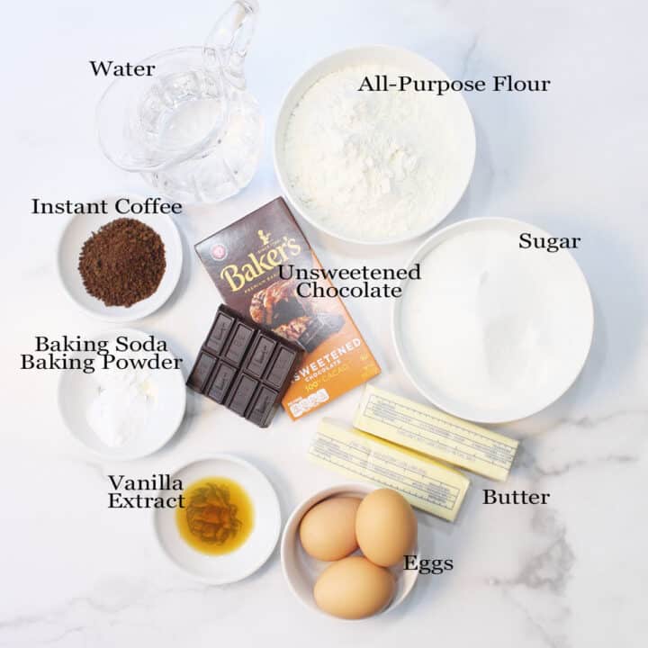 Labeled ingredients for Chocolate Pound Cake.