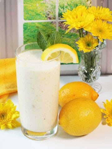 Lemon Smoothie by garden window with lemons.
