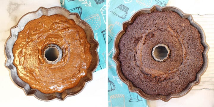 Unbaked and Baked cake in bundt pan.