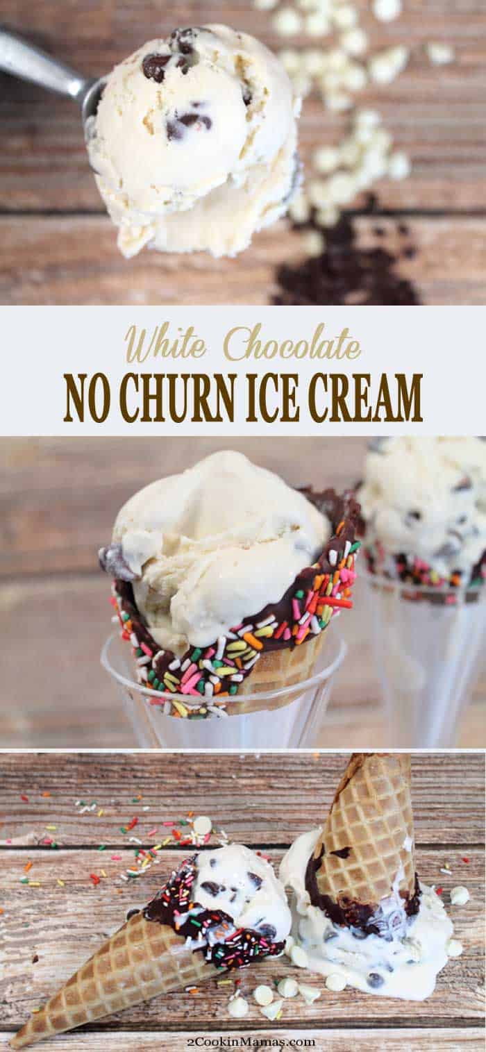 White Chocolate No Churn Ice Cream pin | 2 Cookin Mamas A delicious, easy white chocolate no churn ice cream recipe. Only 5 ingredients & flavored with Godiva Liqueur, it's a cool, decadent adult treat. #nochurnicecream #icecream #whitechocolate #recipe #adultdessert