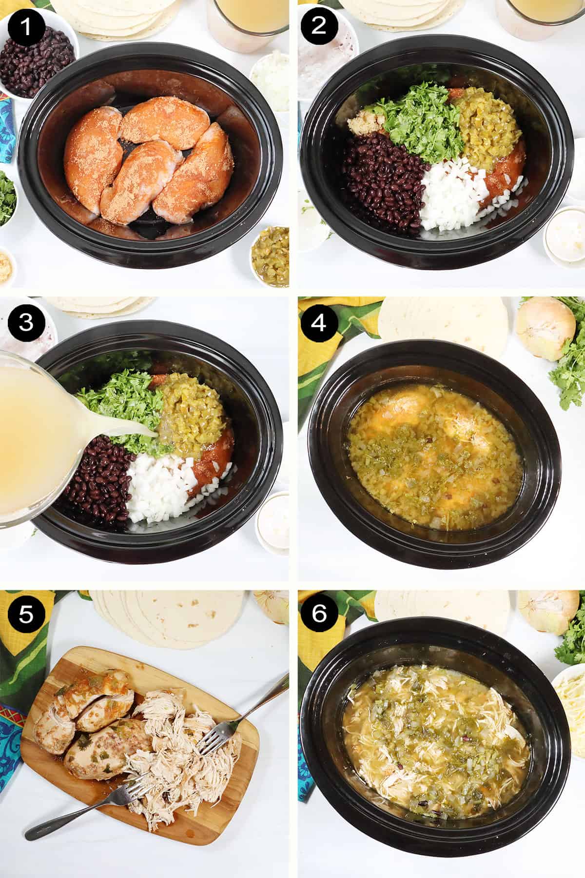 Prep steps for chicken tacos in slow cooker.