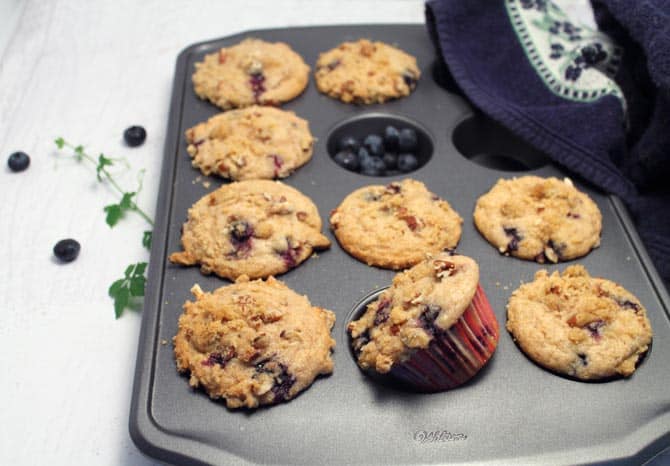 Streusel Coffee Cake Blueberry Muffins in muffin tin | 2 Cookin Mamas