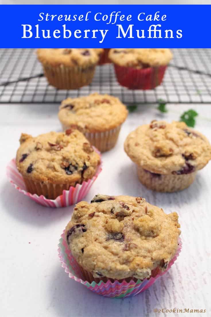 Blueberry muffins topped with sweet streusel crumbs are perfect for breakfast or an afternoon snack. A moist, delicious and easy to make treat. #recipe #breakfast #muffins #blueberries