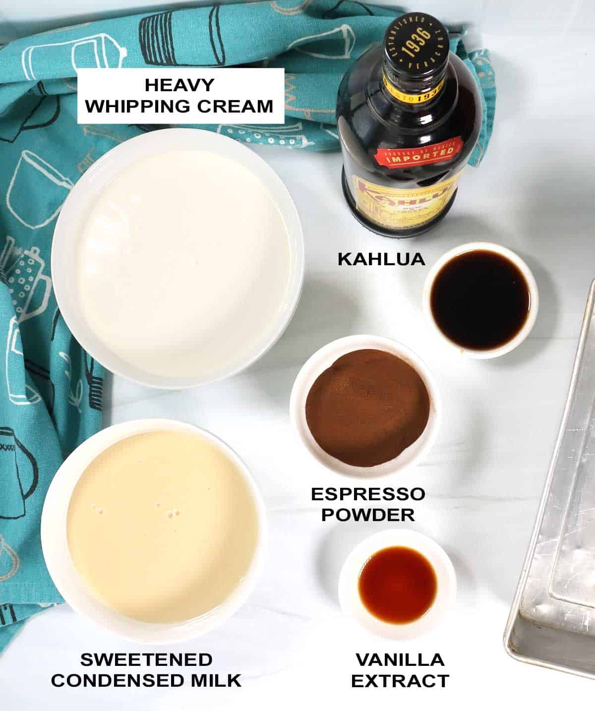 Ingredients to make coffee ice cream recipe.