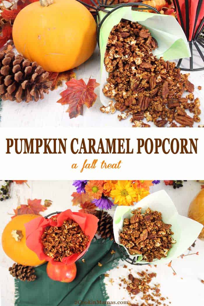The perfect popcorn for fall! Easy to make Pumpkin Caramel Popcorn is flavored with pumpkin puree, maple syrup and caramel. Great for a snack and sure to be a hit when movie night rolls around. #popcorn #snack #pumpkin #maple syrup #caramel #recipe #flavoredpopcorn #fallrecipe #fall