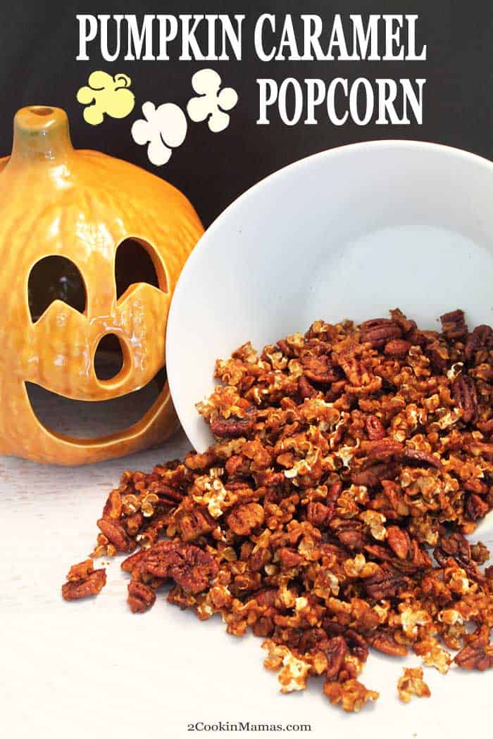 The perfect popcorn for fall! Easy to make Pumpkin Caramel Popcorn is flavored with pumpkin puree, maple syrup and caramel. Great for a snack and sure to be a hit when movie night rolls around. #popcorn #snack #pumpkin #maple syrup #caramel #recipe #flavoredpopcorn #fallrecipe #fall