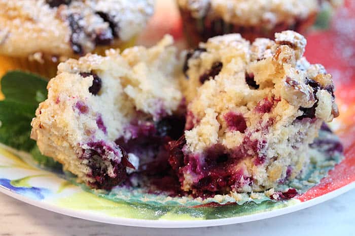 Showing inside of muffin with warm blueberries on flowered plate.