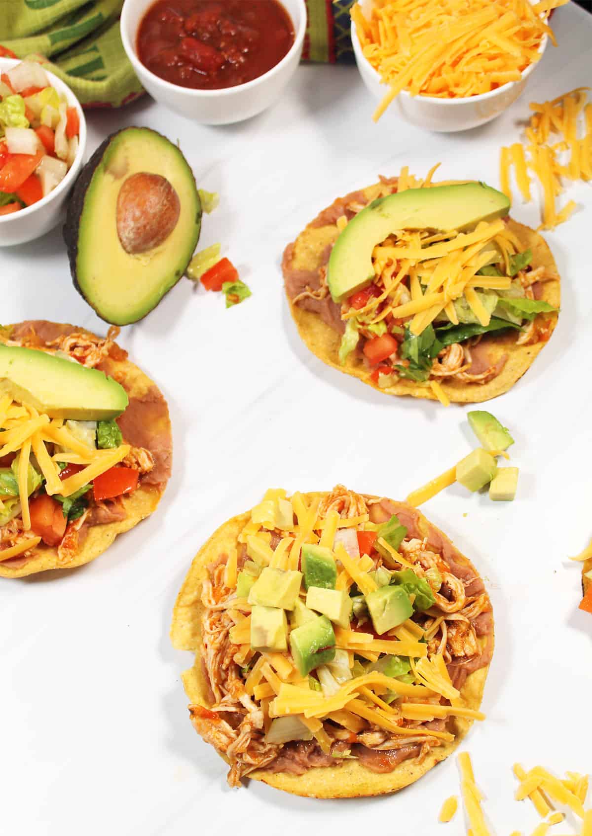 Overhead of finished tinga tostadas.