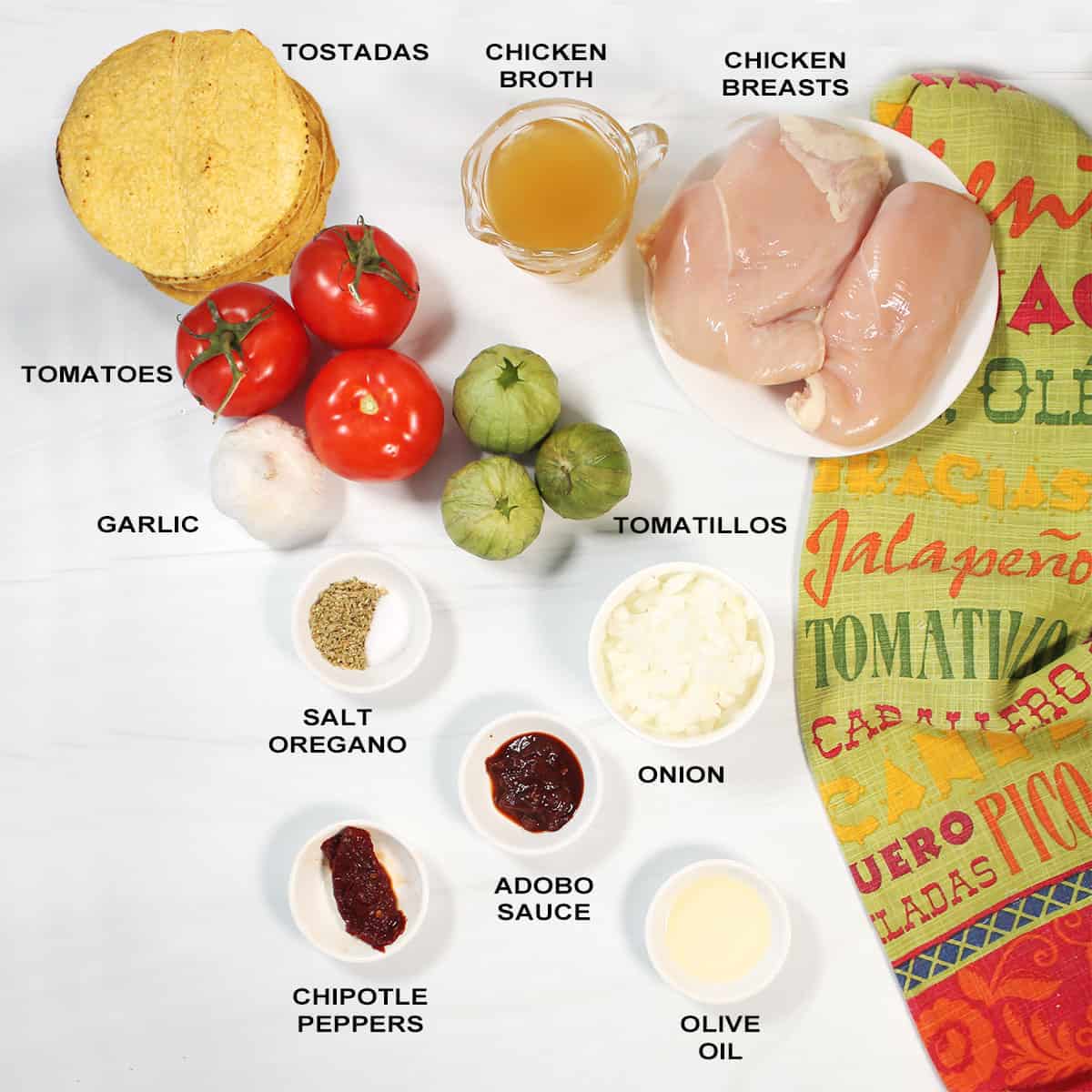 Ingredients for tinga chicken tostadas.
