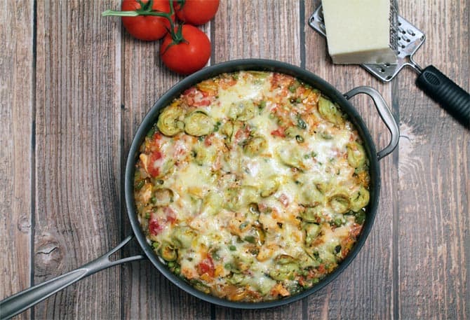 Chicken and Tortellini Skillet overhead | 2 Cookin Mamas