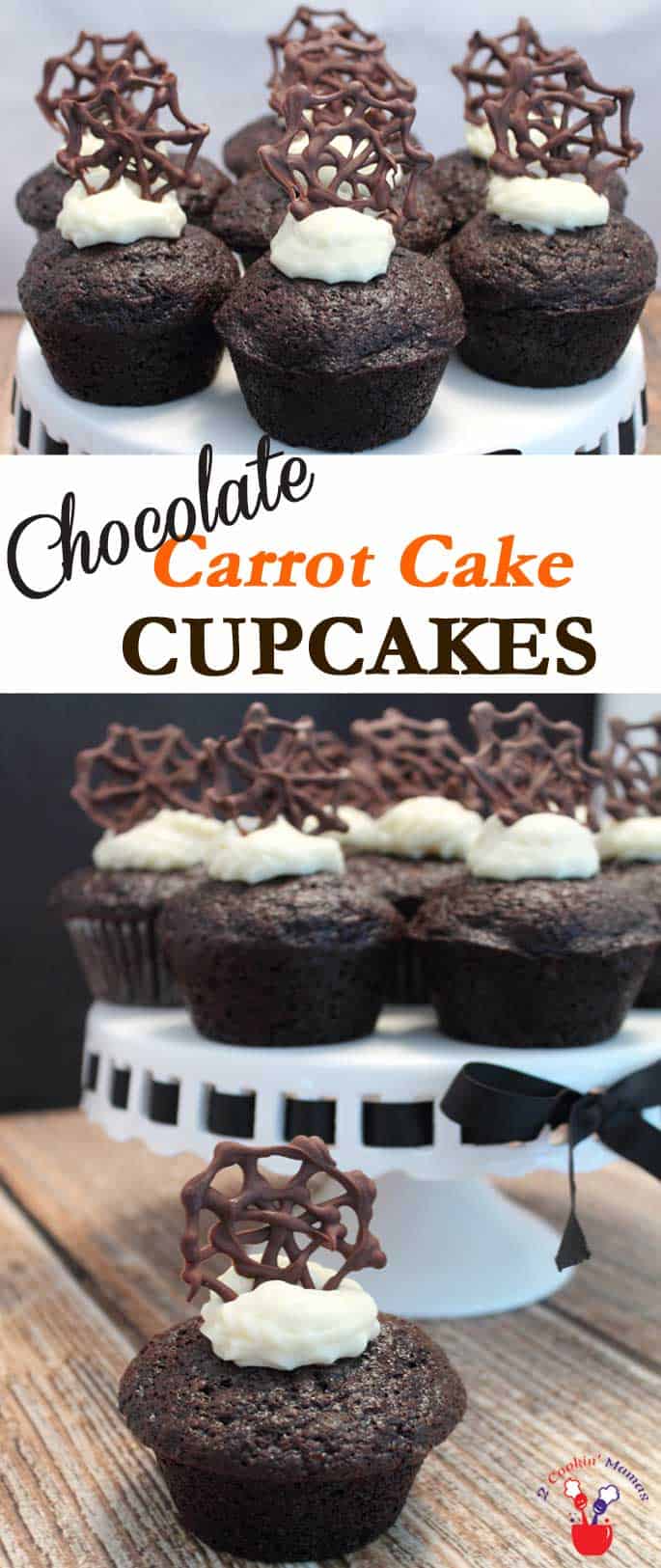 Chocolate Carrot Cupcakes | 2 Cookin Mamas These chocolate carrot cupcakes are a step up from carrot cake & great any time of the year but with our chocolate spider web they're perfect for Halloween. #recipe #dessert #cupcakes #chocolate