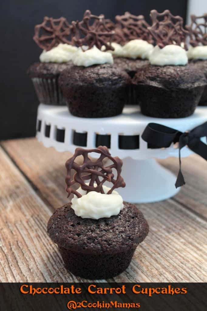 Chocolate Carrot Cupcakes pin|2CookinMamas - Carrot cake brought up a notch with rich chocolate. Add decorations to match the holiday!