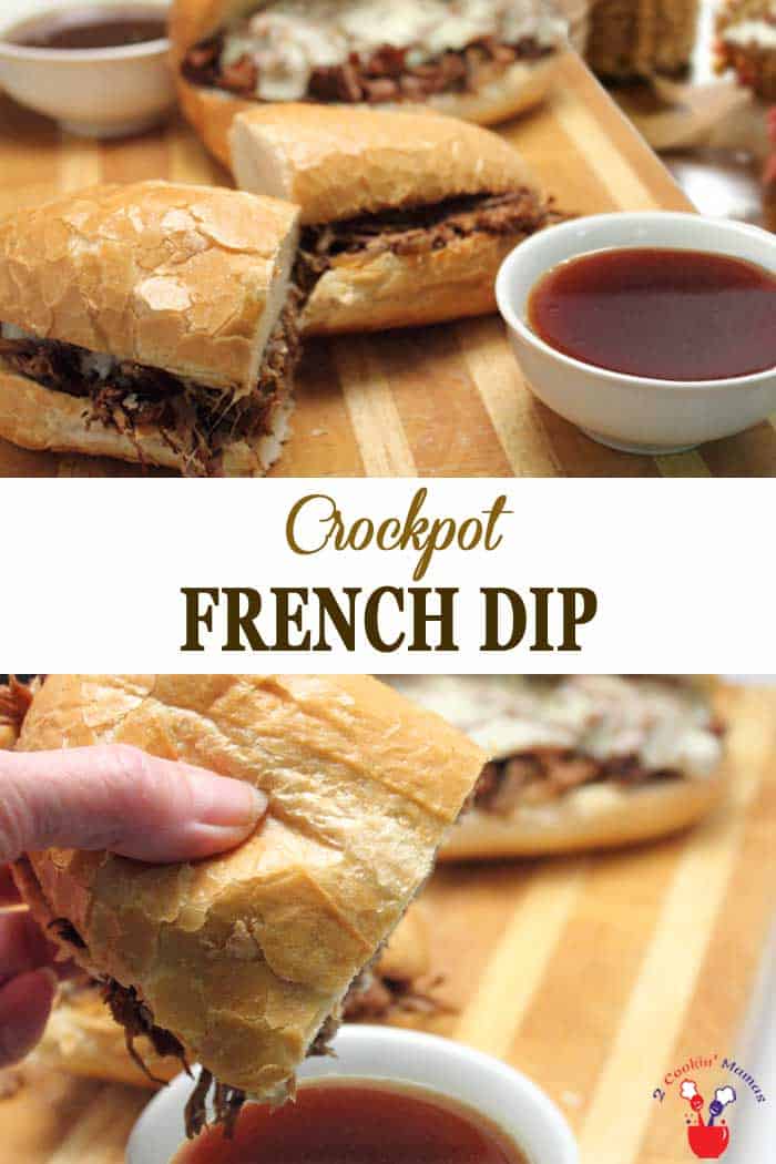 Crockpot French Dip takes little prep and makes the most delicious, tender beefy sandwiches. Pile high on a hard roll, top with cheese then dip. #appetizer #dip #beef #sandwiches #recipe #frenchdip