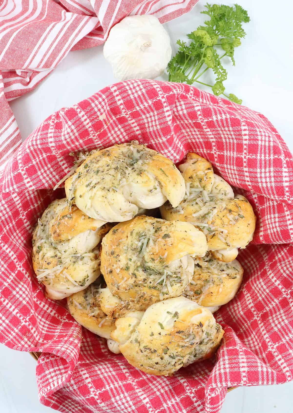Easy garlic knots in basket.