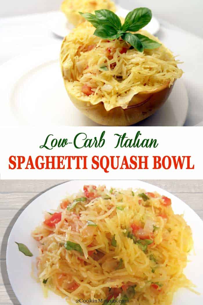 This Italian Spaghetti Squash Bowl is a healthy, low carb way to get your spaghetti fix! Baked spaghetti squash is tossed with a delicious tomato-basil sauce that's perfect as a side dish or as a meatless main meal. #sidedish #spaghettisquash #lowcarb #recipe #meatlessmainmeal