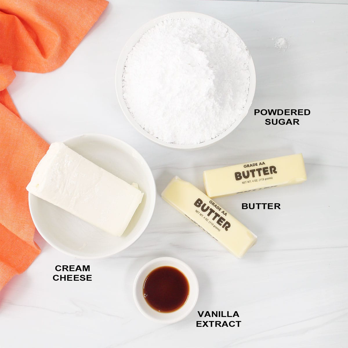 Ingredients for cream cheese frosting.