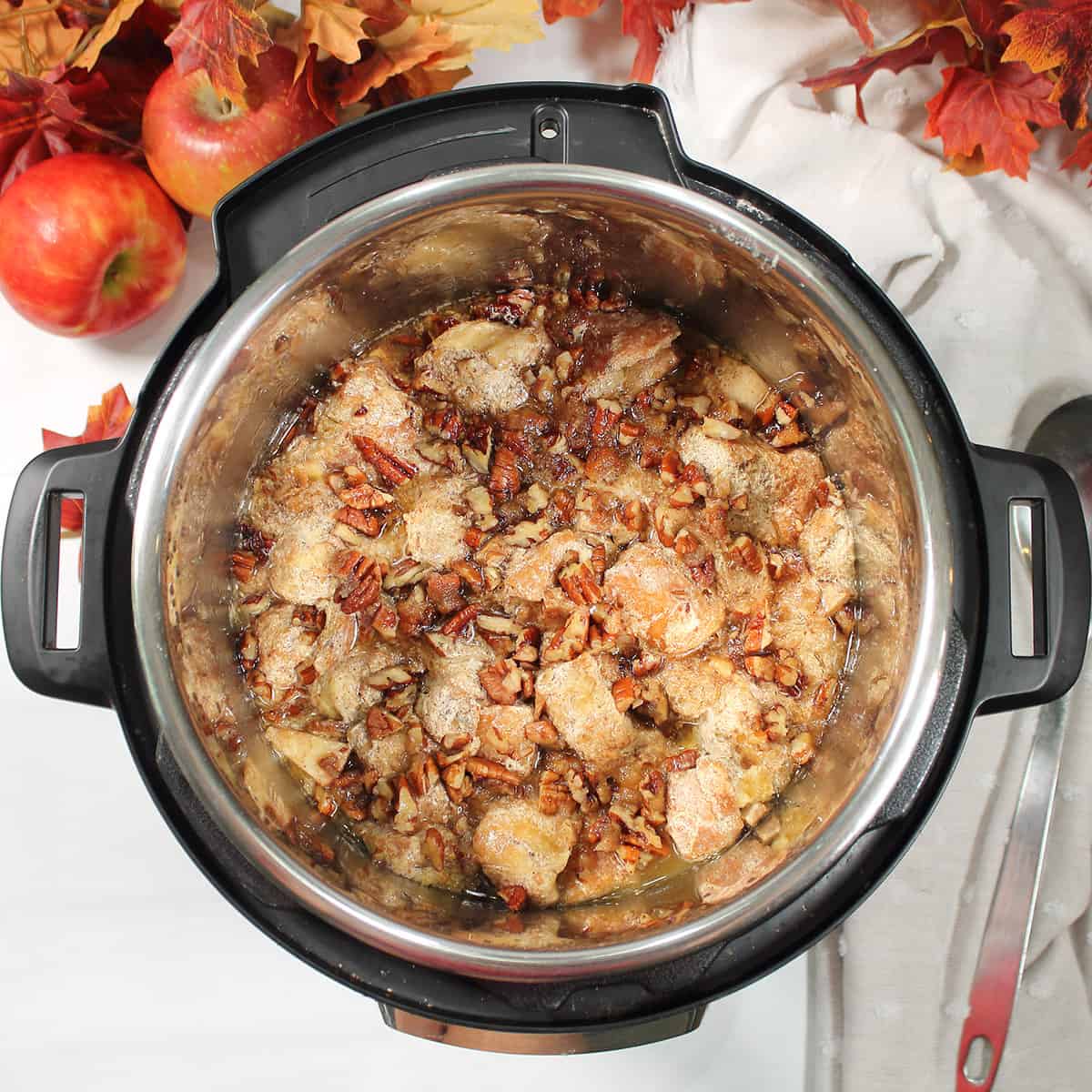 Overhead of cooked French Toast in crockpot.