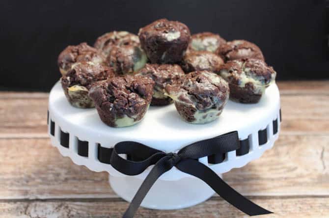 Thin Mint Avocado Brownie Bites on stand|2CookinMamas