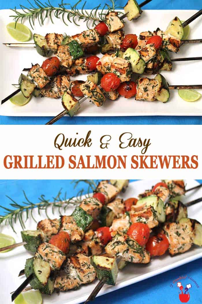 Turn up the heat, on your grill that is! These delicious grilled salmon skewers are like a complete meal on a stick. Fresh salmon, cherry tomatoes and zucchini tossed in a seasoned vinaigrette then grilled. Healthy, quick & with little to no cleanup. #salmon #grilling #dinner #healthydinner #recipe #salmonskewers
