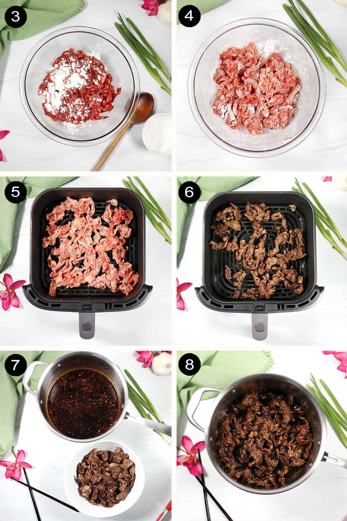 Steps to prep and air fry Mongolian beef steak.