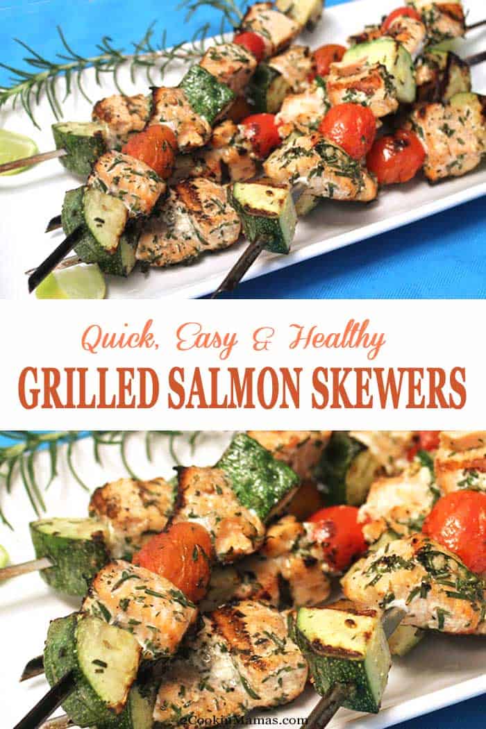 Grilled Salmon Skewers | 2 Cookin Mamas Turn up the heat, on your grill that is! These delicious grilled salmon skewers are like a complete meal on a stick. Fresh salmon, cherry tomatoes and zucchini tossed in a seasoned vinaigrette then grilled. Healthy, quick & with little to no cleanup. #salmon #grilling #dinner #healthydinner #recipe #salmonskewers