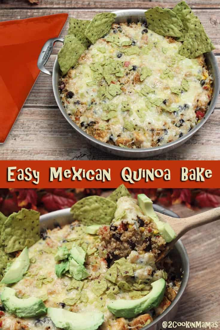 A quick, healthy all-in-one pan Mexican Quinoa Bake full of all the flavors you love - black beans, chicken, quinoa, salsa and cheese. All in 30 minutes! #quinoa #casserole #onepan #dinner #chicken #recipe #30minuterecipe Mexican