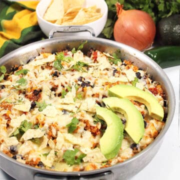 Mexican Quinoa Casserole with avocado garnish.