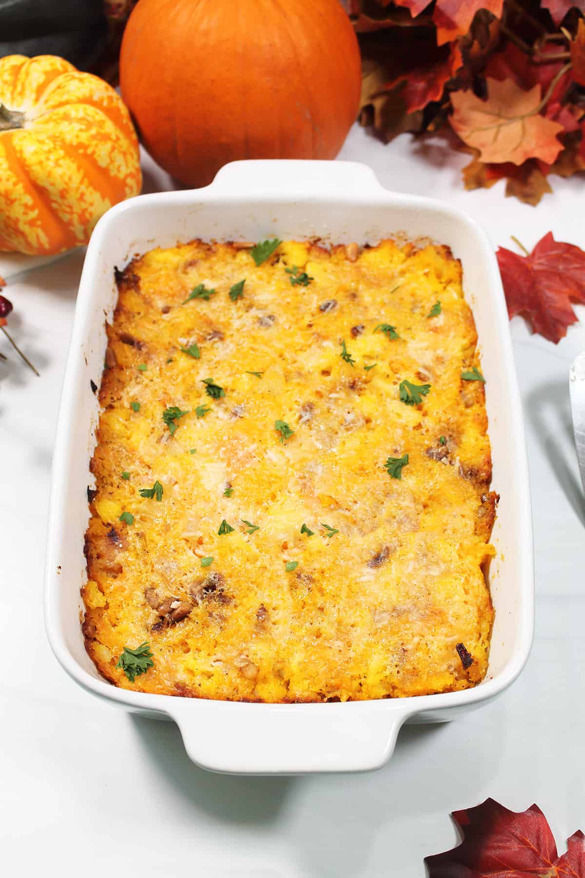 Overhead of baked casserole.