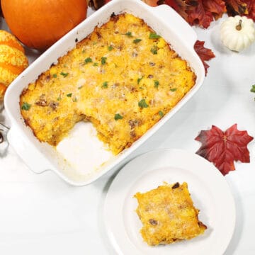 Overhead of casserole and slice on plate.