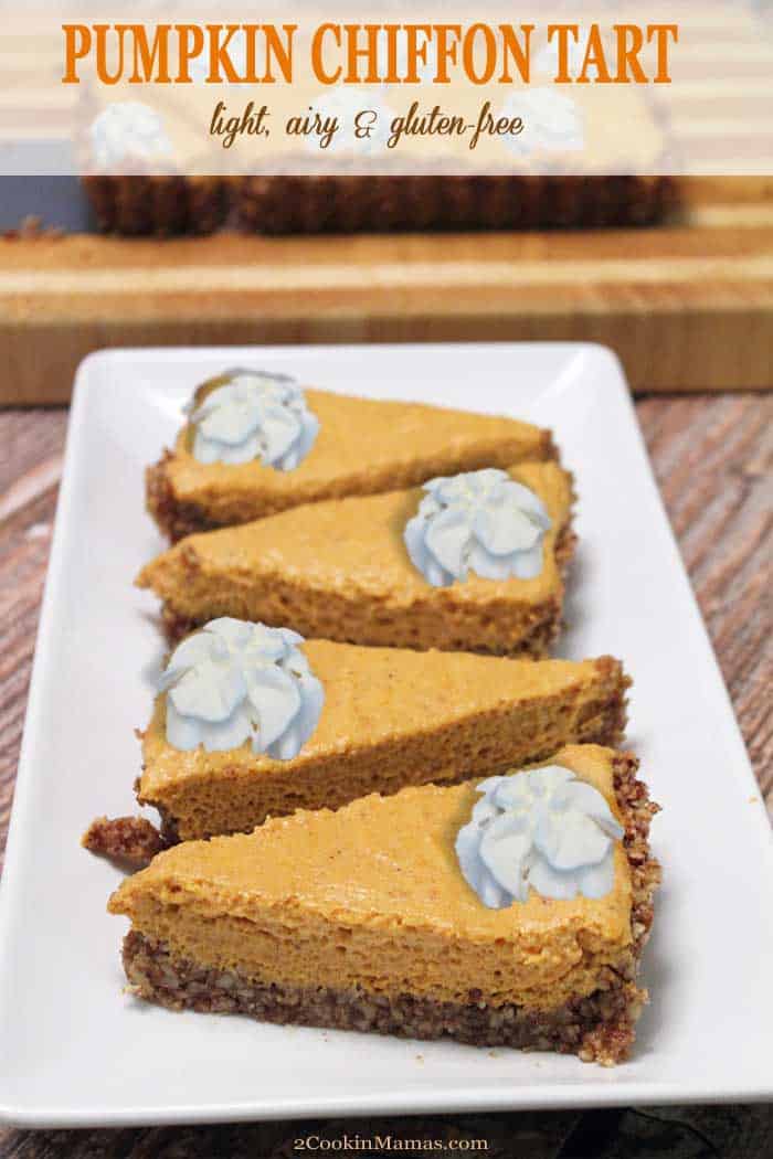 Pumpkin Chiffon Tart long | 2 Cookin Mamas This Pumpkin Chiffon Tart is a lighter version of the traditional Pumpkin Pie. It's the perfect dessert to end a big holiday feast whether it is Thanksgiving or Christmas. Top it off with cinnamon whipped cream for a real treat. And It's gluten-free too! #dessert #pumpkin #tart #holidaydesserrt #Thanksgiving #recipe #glutenfree