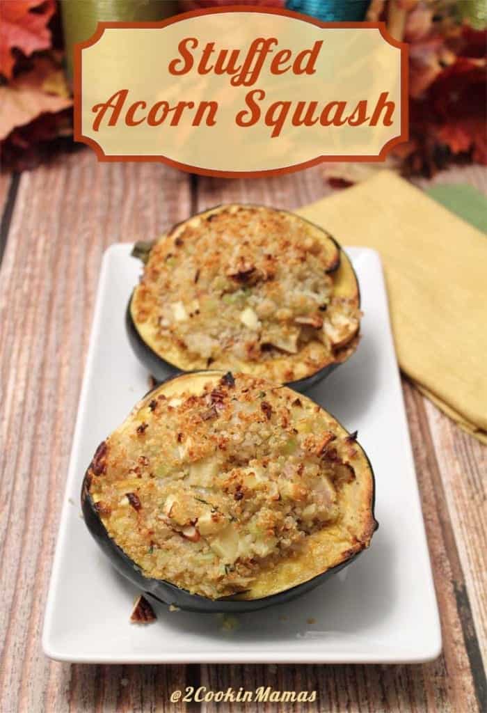 Stuffed Acorn Squash main|2CookinMamas - the perfect accompaniment to a holiday meal. Rich with butter, mapple syrup and seasoned quinoa that tastes delicious and gluten-free too!