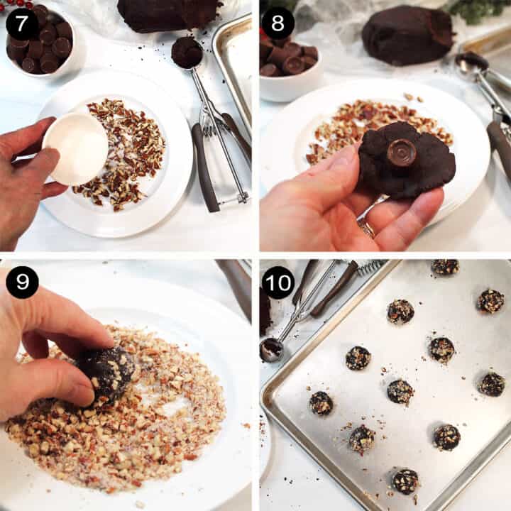 Collage of steps to put caramel filled cookies together.