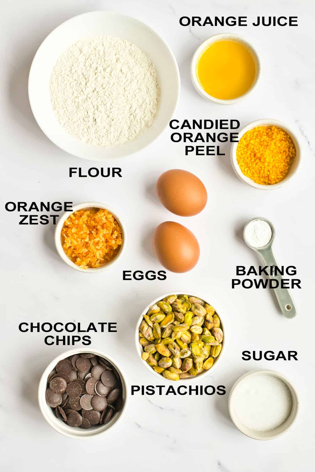Ingredients for orange biscotti.