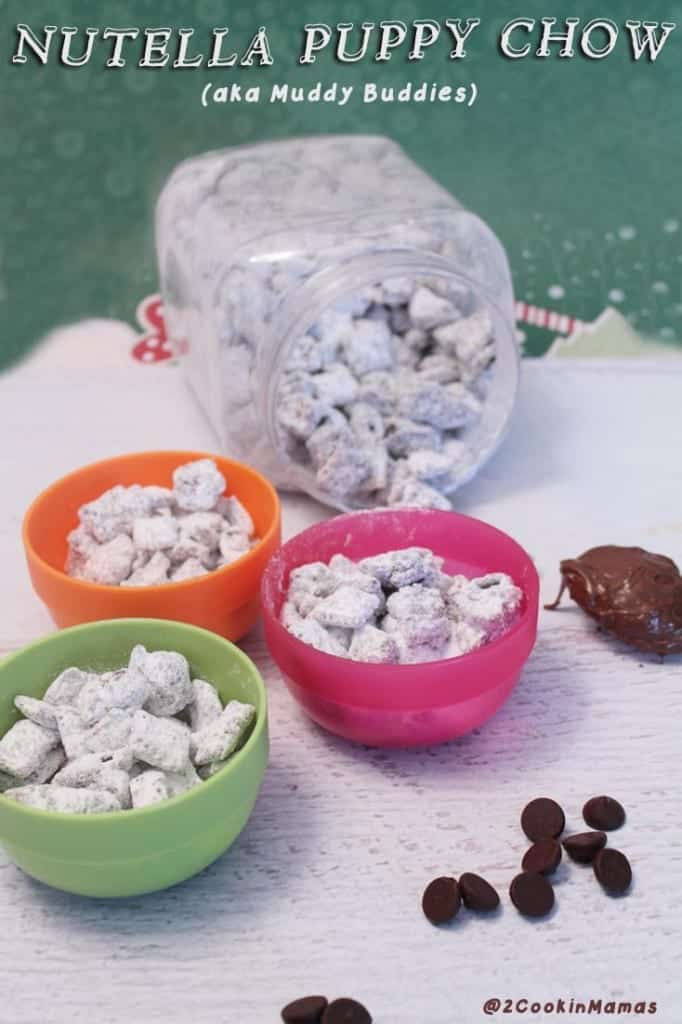 Nutella Puppy Chow | 2CookinMamas - Easy to make sweet snack, a little nutella, chocolate, rice chex and powdered sugar and you are ready to go! Addictive and delicious!